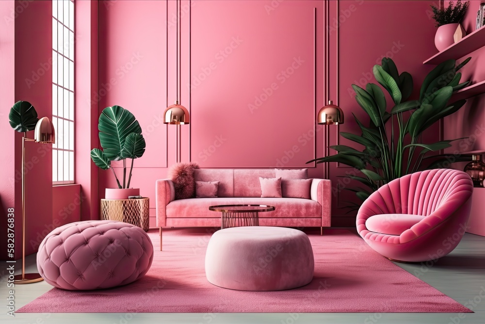 interior decor for living room including chic home accents on a hot pink background,. Generative AI