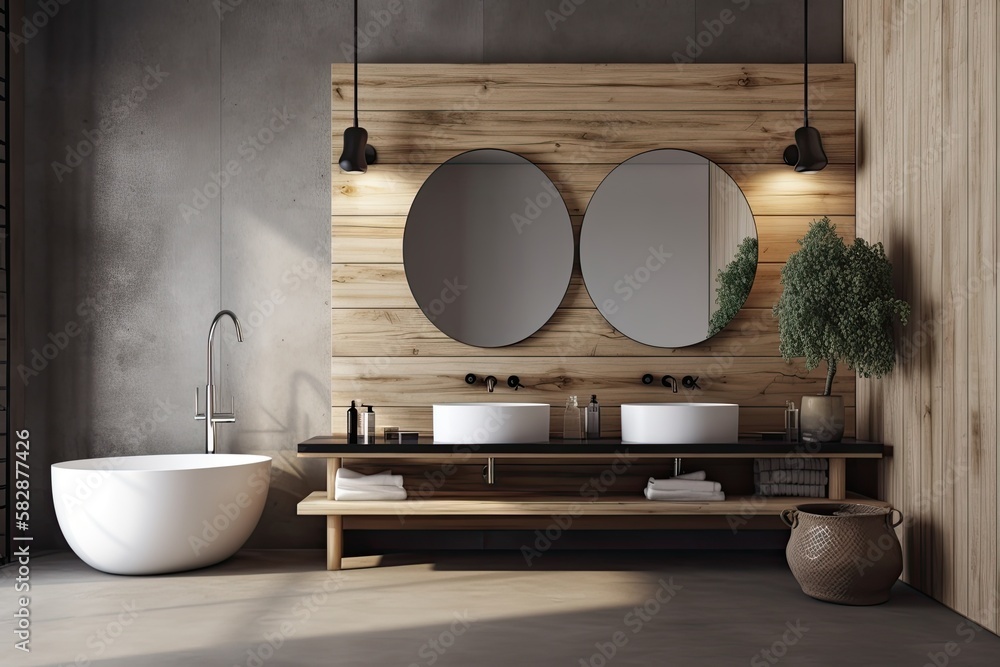 Interior of a wooden bathroom with a concrete floor, white and wooden walls, and a double sink with 