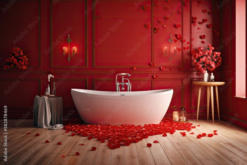 Valentines Day in the bathroom, the vacant red wall and bathtub. Generative AI