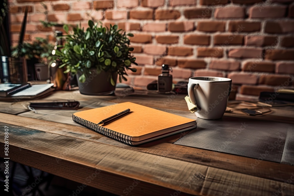 Board and post it notes, a book, a pencil, and a coffee mug are on a stylish table next to a brick w