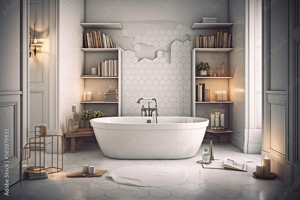 A luxurious bathrooms interior features a floor made of hexagonal tiles and an elegant white bathtu