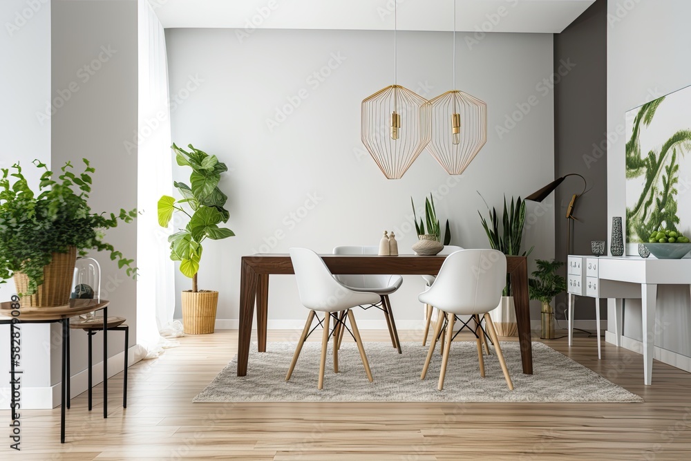 modern dining area with hardwood furnishings and a white living room. Generative AI