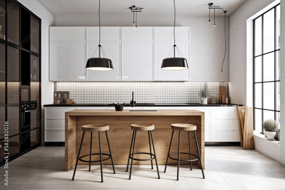 Interior of a white tiled kitchen with a tall lamp, a white and wooden bar, and black stools. an ang