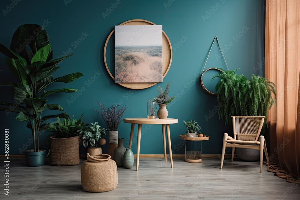 Featuring an antique side table, potted plants, fake portrait in a black frame, blue wall, and woode