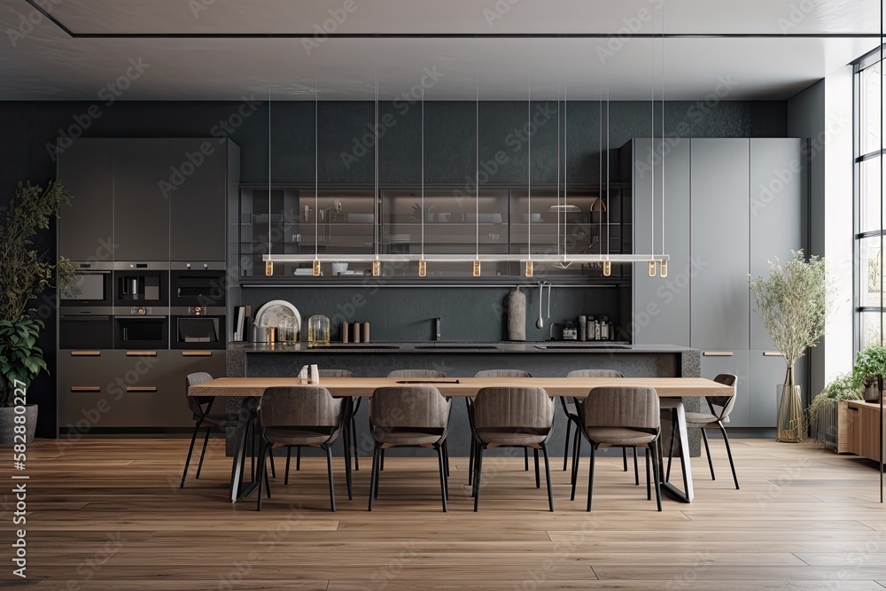 Interior of a contemporary kitchen with gray walls, a parquet floor, and gray worktops. a substantia