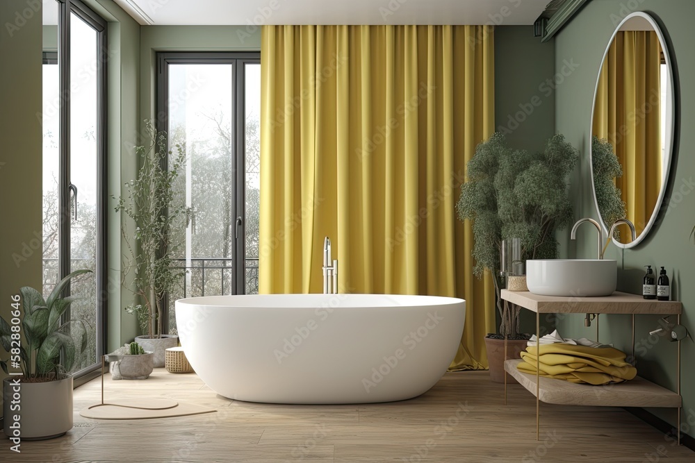 White bathtub, circular mirror sink, and yellow curtain can be seen in the corner of the green bathr