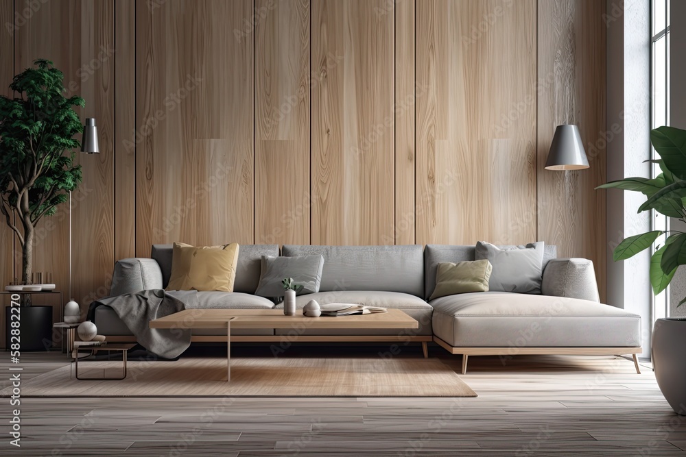 living rooms interior sofa is gray, and there is a wood floor and a wooden wall in the backdrop. Ge