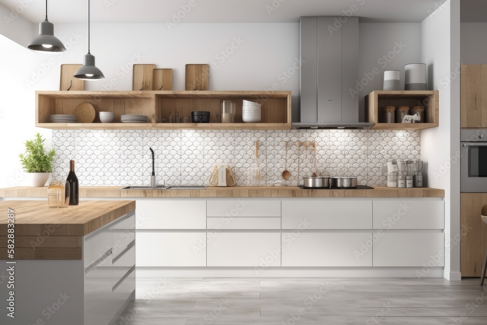 Interior of white kitchen with built in burner, tiled wall, and white counters. a mockup. Generative