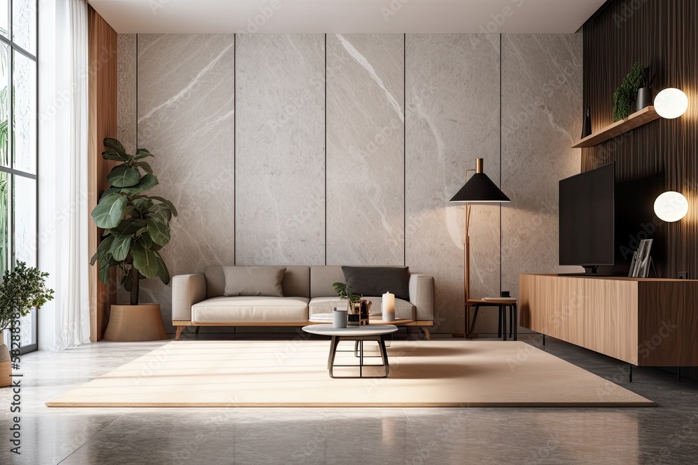 Modern minimalist living area with granite tile flooring, granite wall, cupboard, plants, and lamp. 