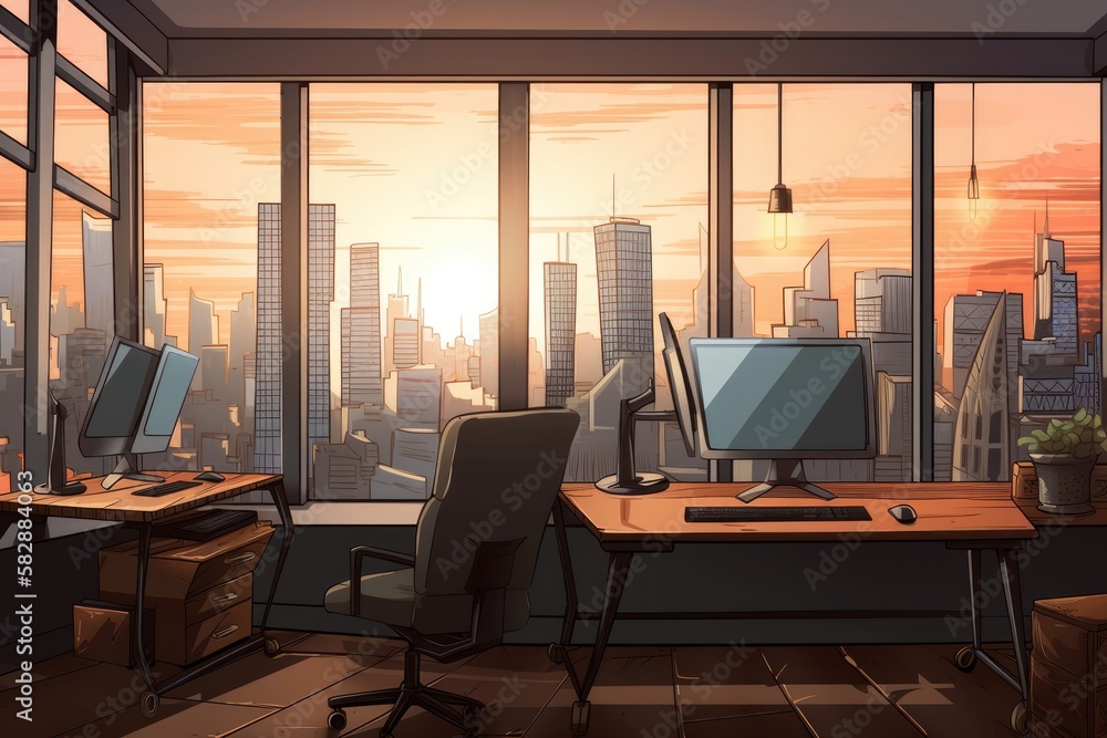 Cartoon depicting a modern office space with a city view, lighting, furniture, and equipment. Genera