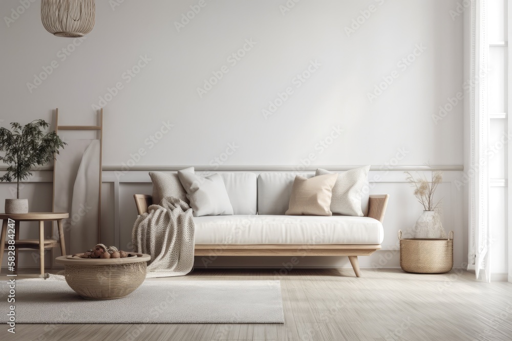 Mockup of white, vacant wall in room with white couch in Scandinavian design. Interior decor that is