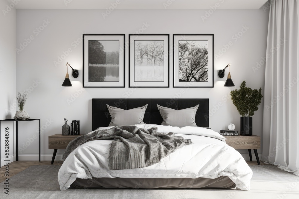 Interior of a bedroom in black and white with two ceiling lamps, a horizontal poster on the wall, a 