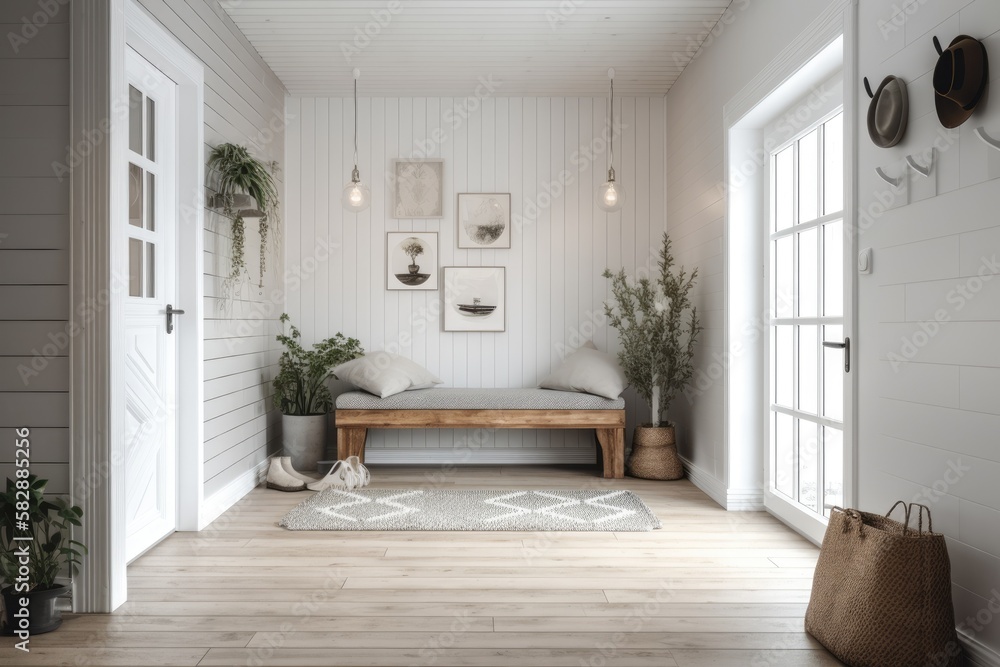 Interior of a hall in a Scandinavian farmhouse, mockup of the wall. Generative AI