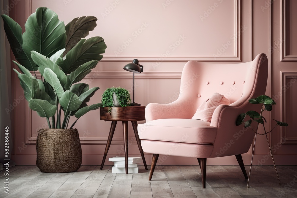 Simple pink interior with one armchair, a planter and vase, and a vintage phone. copy space on a lig