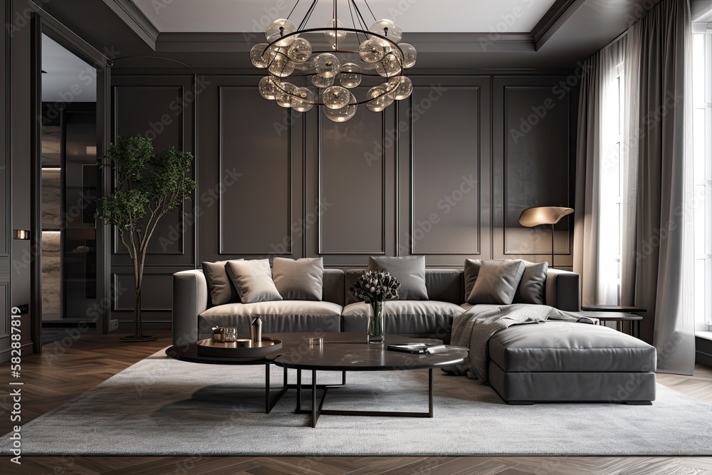 luxury gray living room design, panorama, empty wall mockup,. Generative AI