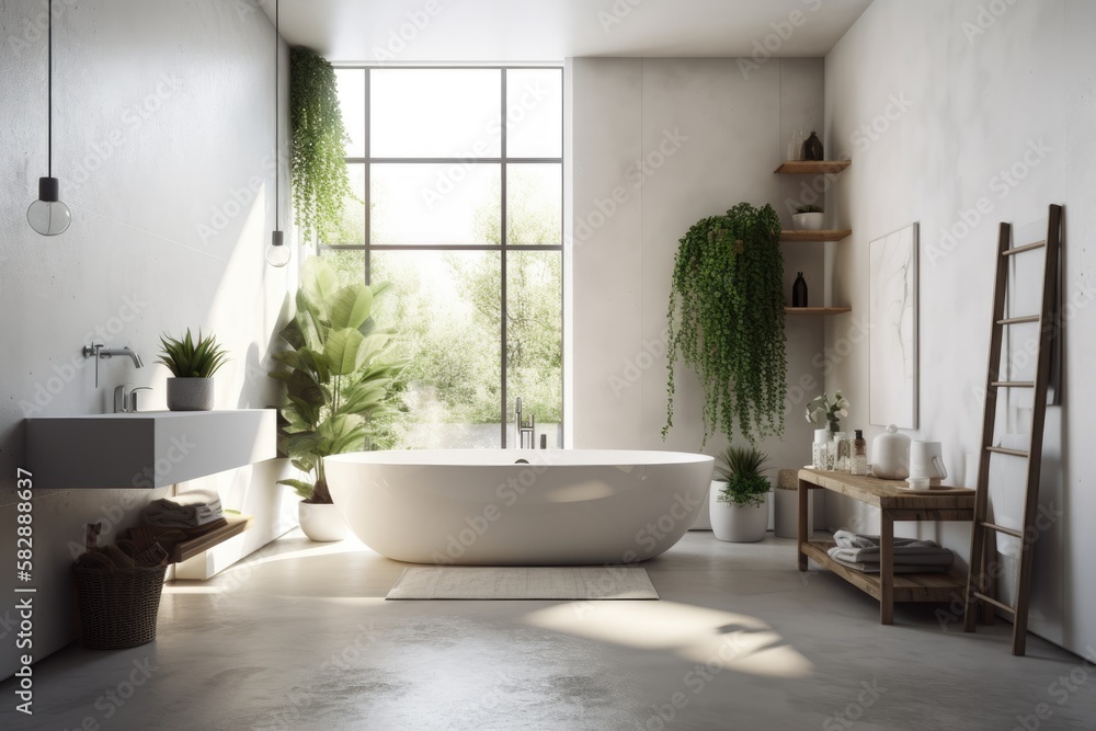 A contemporary bathrooms interior features white walls, a concrete floor, a white bathtub, and a sh