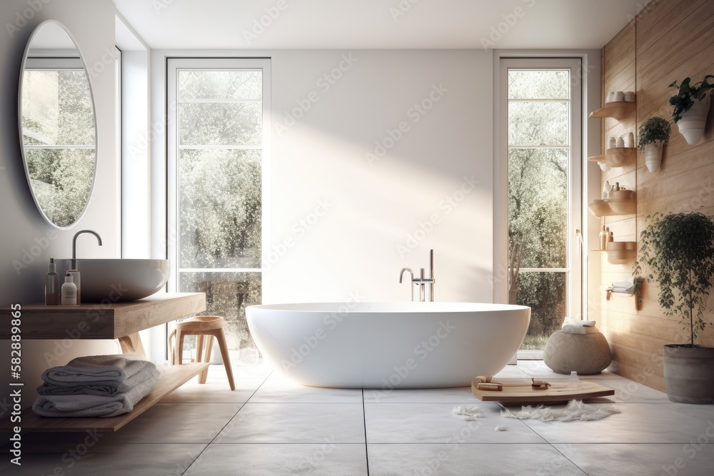 Mock up, toned image of a white modern bathroom interior with a white tub standing close to a window