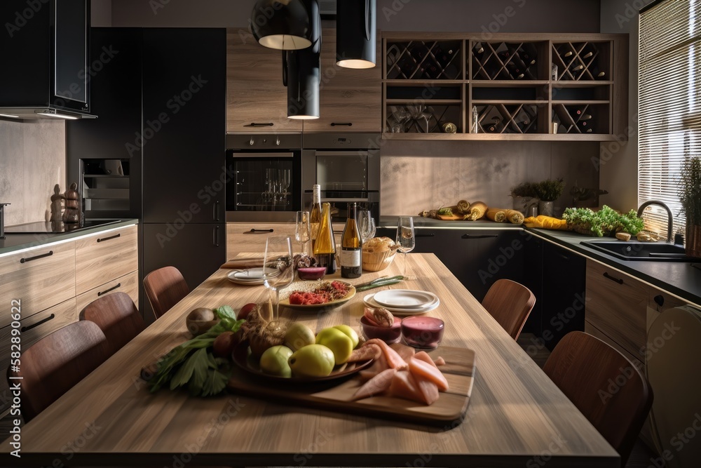 Interior of a modern, comfortable home kitchen. On the dinner table are fresh vegetables, and the ho