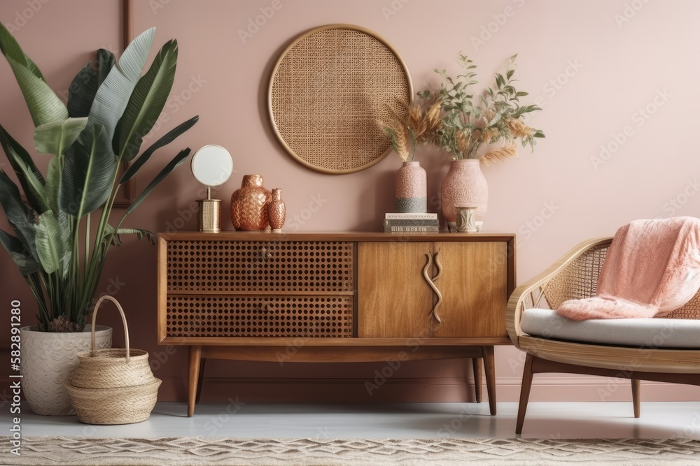 Retro living room interior composition with wooden vintage commode, gold pink mirror, plant, rattan 