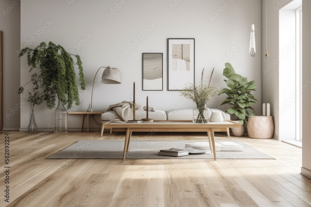 Draft of an unfinished project, parquet floored Scandinavian living room, frame mockup with copy spa