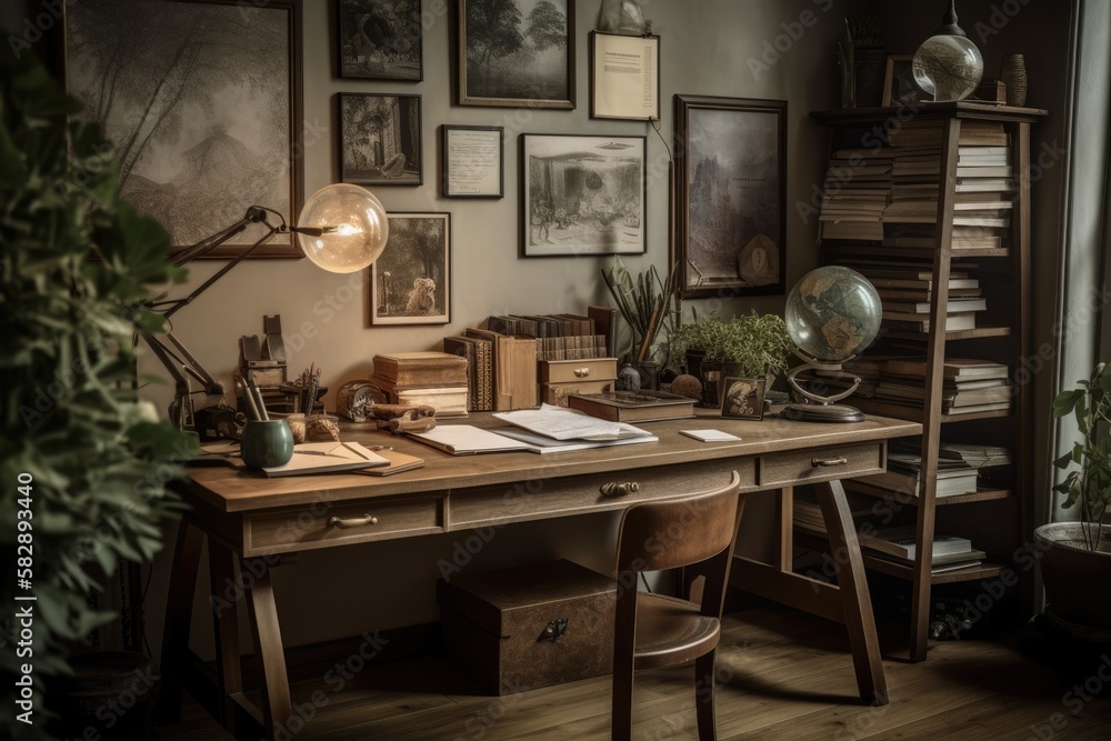 Interior of an inspirational home office with a wooden desk, books, a laptop, plant themed posters, 