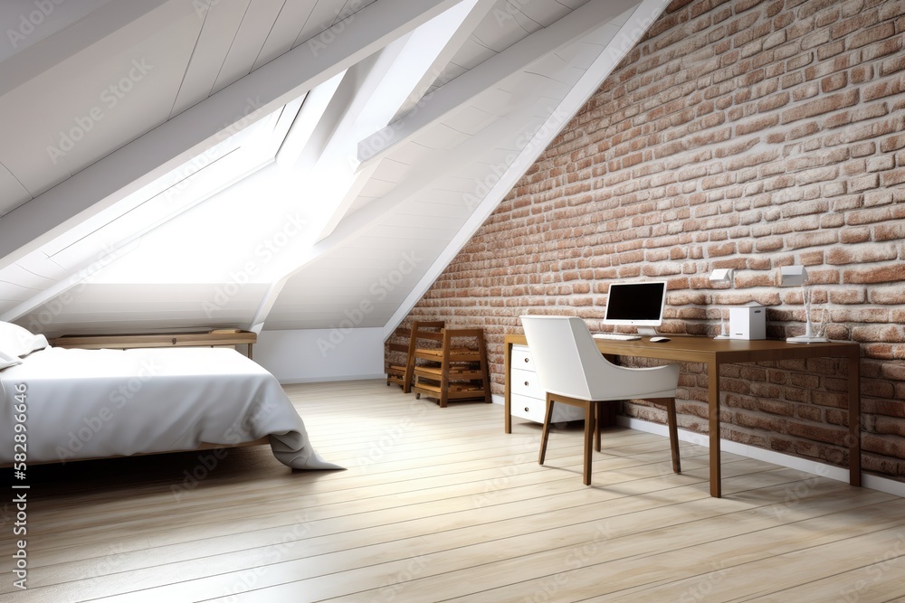 Brick attic bedroom with a desk for a computer, a wooden floor, and a white bed. Corner. a mockup. G