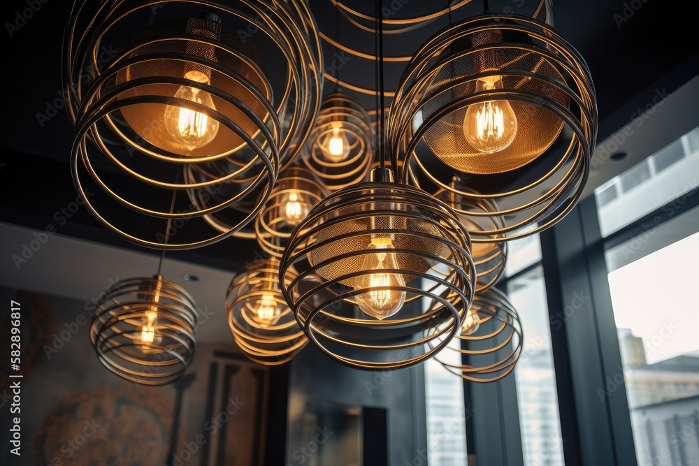 Interior Spinning Metal Pendant Chandelier in Modern Style. Generative AI