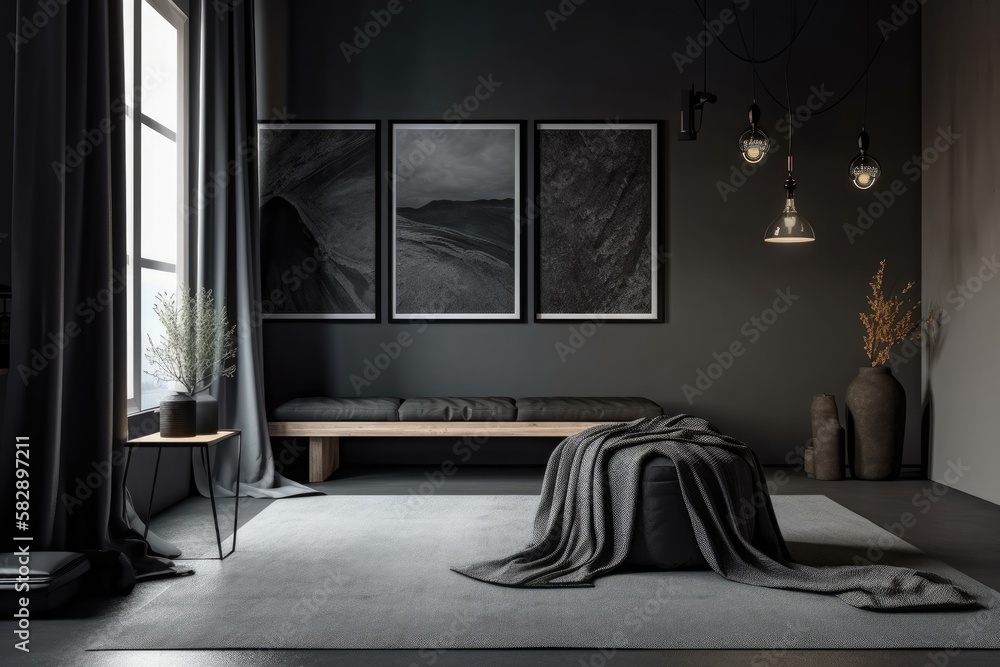 Single Frame Exhibition Wall in monochromatic black and dark gray with a central ottoman fluff but n