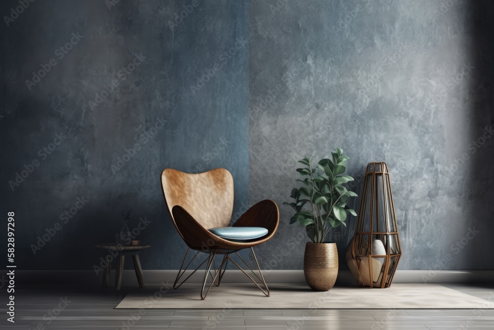 Modernist interior from the mid century with a chair, a plant, and an empty wall. mockup for an illu