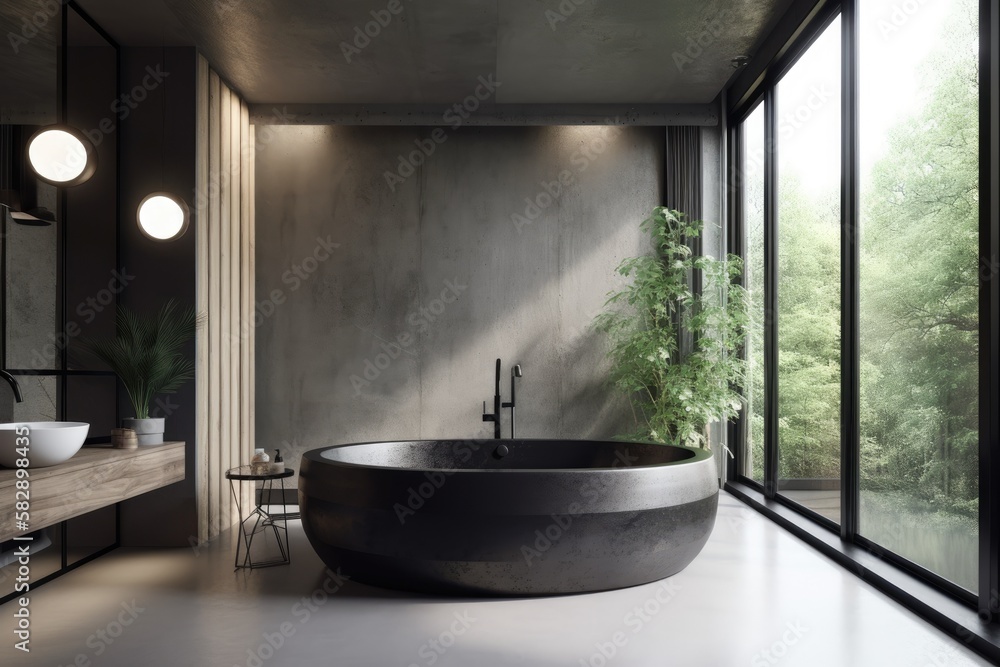 A contemporary bathrooms interior features a huge window, concrete floors, white and wooden walls, 