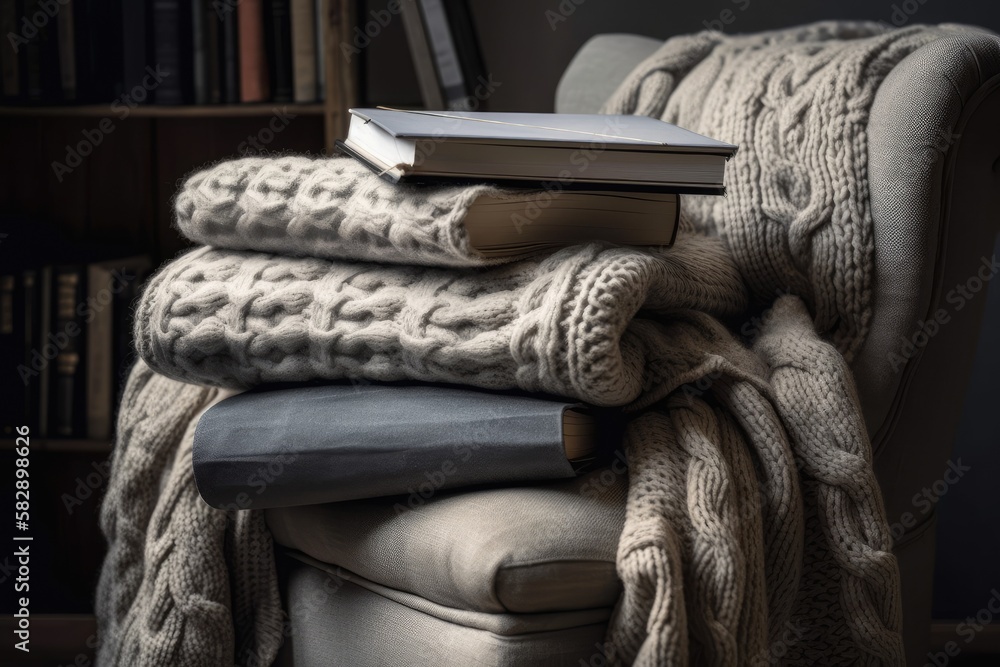 Stack of books on armchair, soft knitted bed cover, and wallpaper depicting education and relaxation