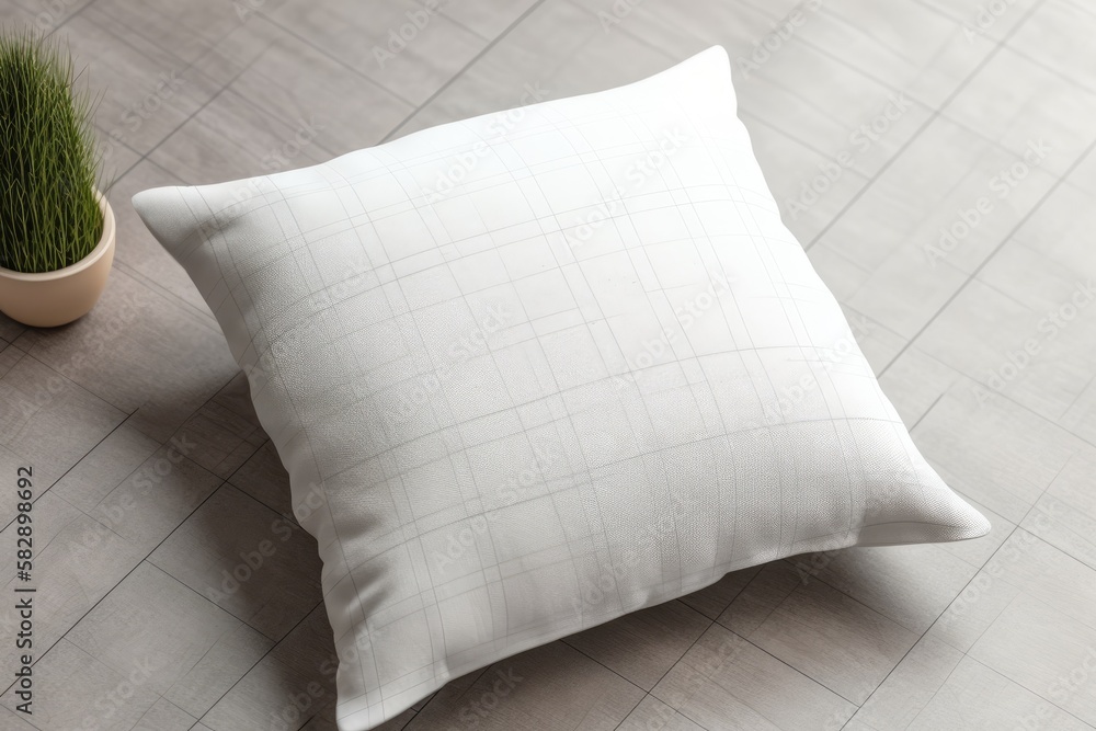 Mockup of a white linen pillow and cushion on plaid. Interior image. Generative AI