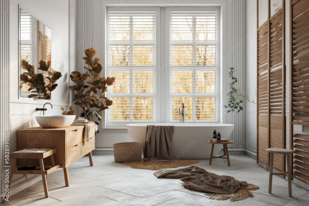 over the minimalist bathroom in the classic flat, windows with shutters, dry plants, ornament, ears,