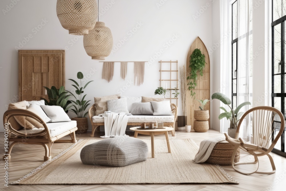 Scandinavian style, chic modern timber living room with a white background and rattan furnishings,. 