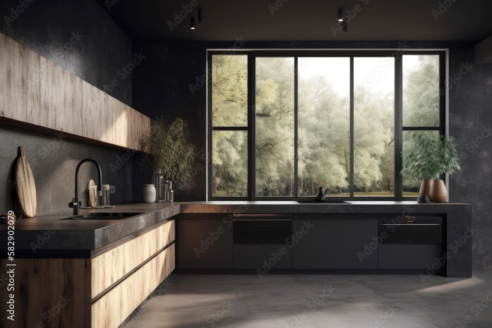 Interior of a kitchen with a sink next to a big window, a countertop, and a black wall. Image of a c