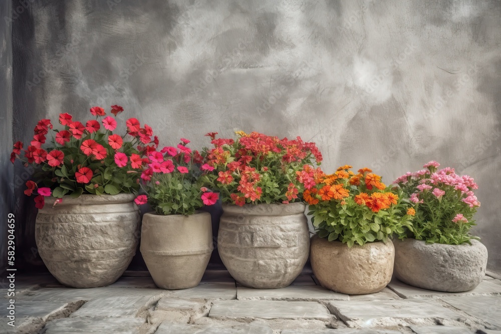 Potted flowers on a stone wall. Generative AI