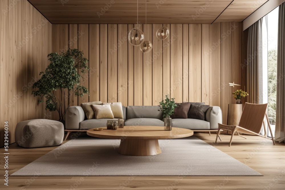 Interior of a contemporary timber living room with seating and a coffee table, as well as an empty m