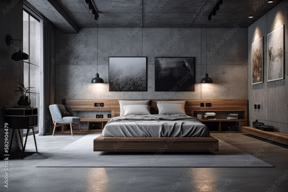 On a grey concrete wall with a dark toned room design and decoration in the loft style. Generative A