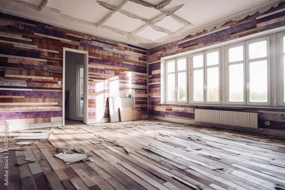 Room is empty with white walls, a wooden ceiling, and parquet flooring. The wall is covered in scrap