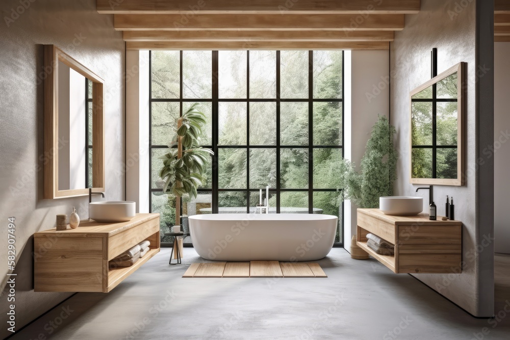 Interior of a wooden bathroom with a concrete floor, a big window, two sinks, and a white bathtub. a