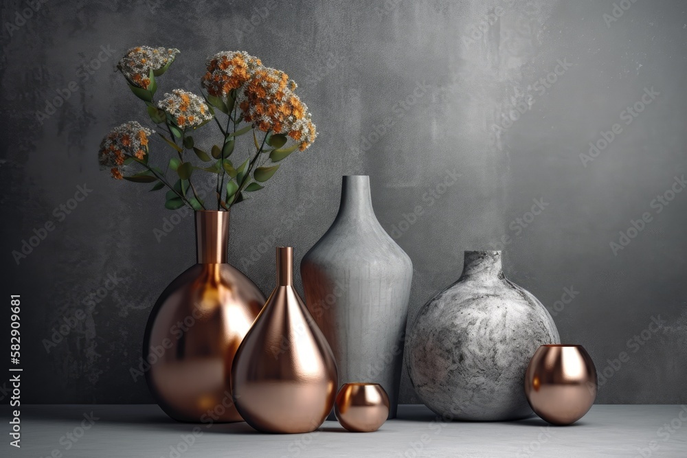 compositions for vases. Abstract illustrations in copper and concrete. Generative AI