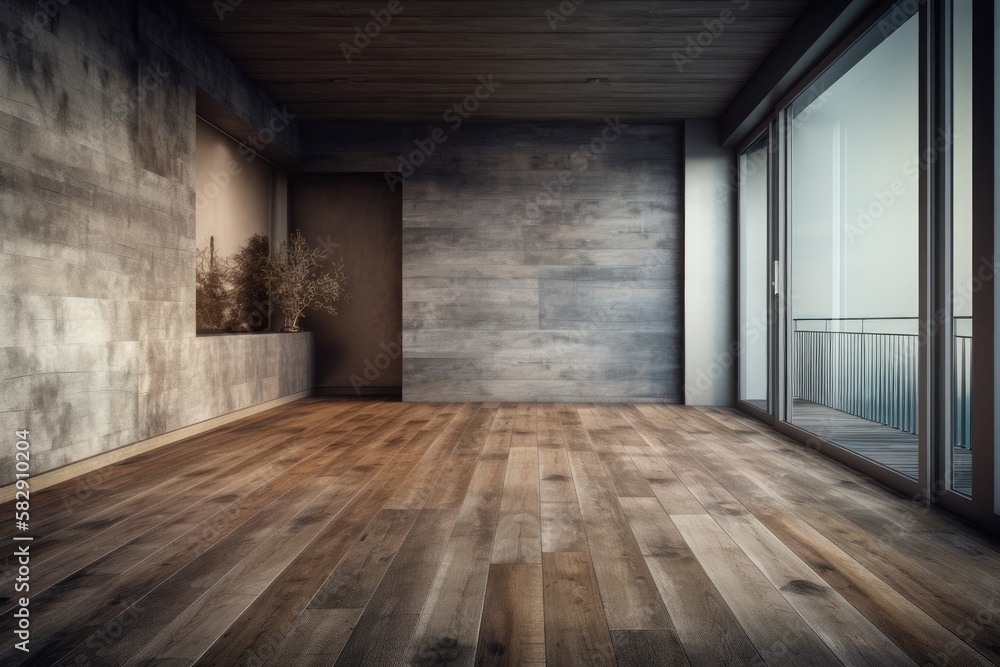 An empty room with a wooden floor and an anthracite wall in the background is an expansive side view