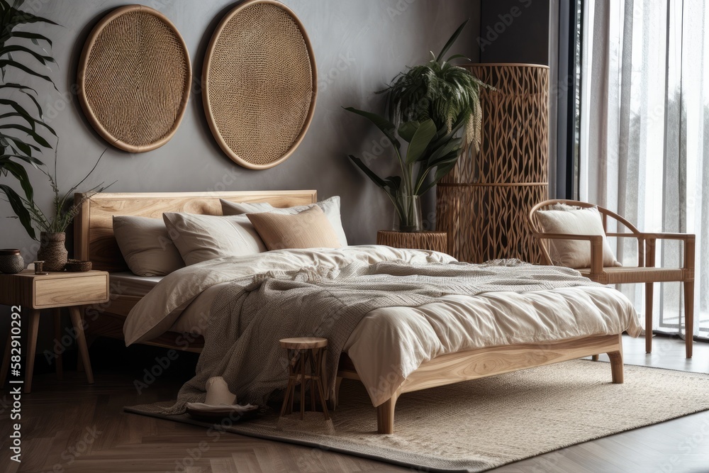 Close up of a mock up of a modern Scandinavian timber bedroom with dark toned rattan furniture, a do