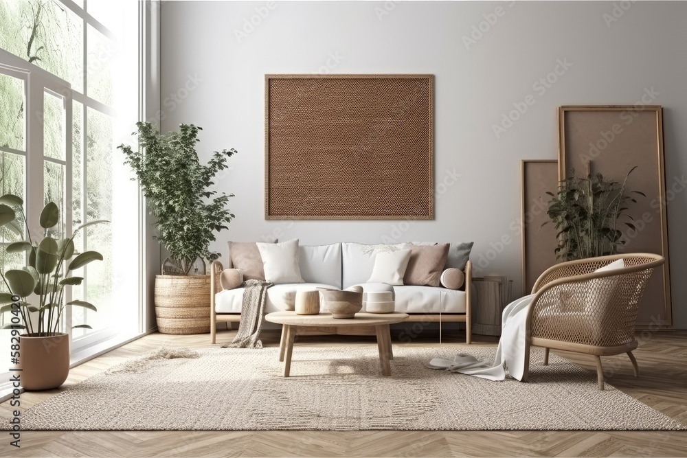 Mockup of a frame with a dark toned, wooden Nordic living room with parquet and a window, a sofa and