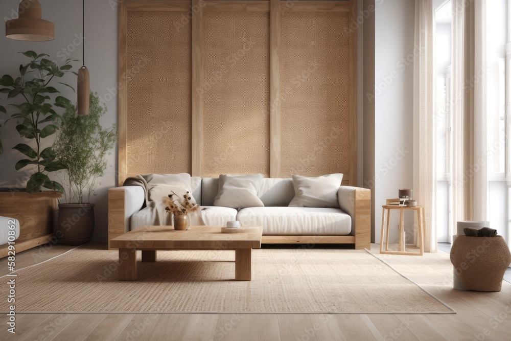 wooden living room, blurred background, mock up of a frame. Wallpaper, fabric sofa, and furniture ma