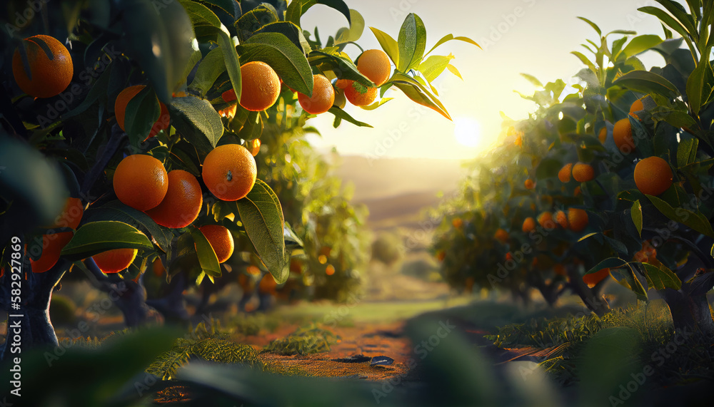 Juicy oranges grow on trees. orange farm. Generative AI