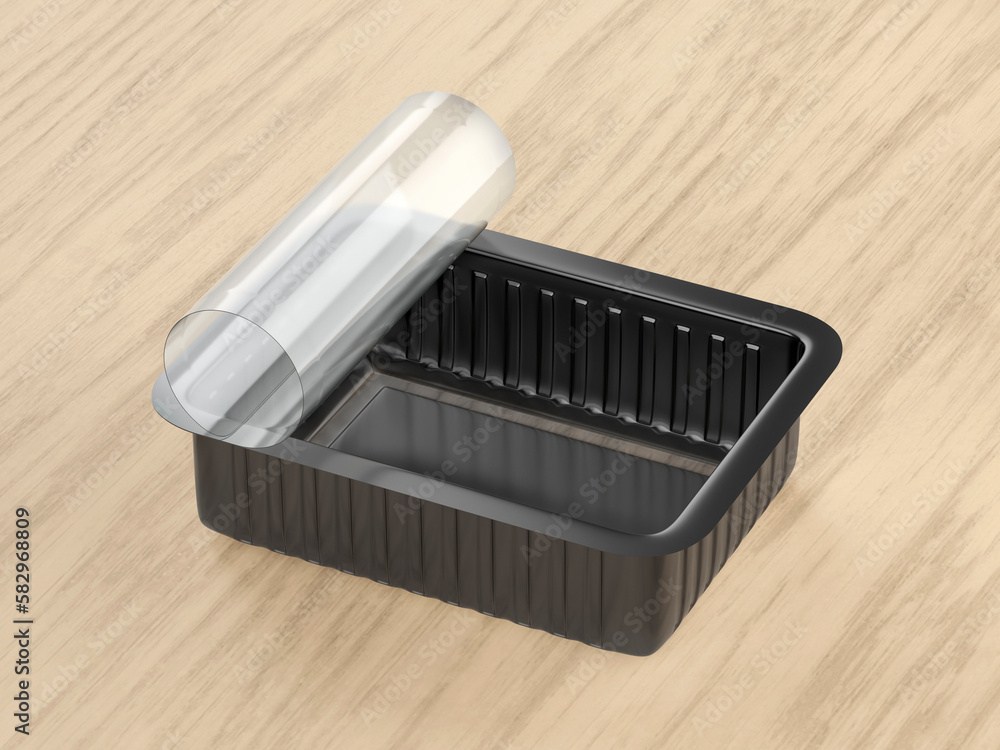 Open plastic food container on wooden table