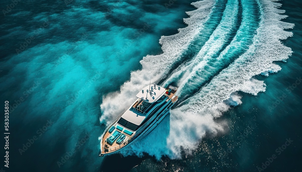 Top view on speed boat in paradise turquoise ocean water. Generative AI