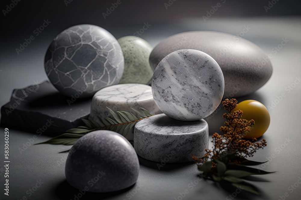 Beautiful composition with spa stones on grey marble table. Illustration AI Generative