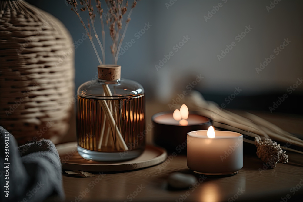 Burning candles and scented reed freshener on the spa. Illustration AI Generative